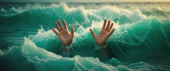 hands signaling for assistance, sinking into the ocean
