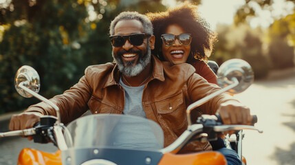 Cheerful couple enjoying a motorcycle ride in the sun, embracing life together as active retirees