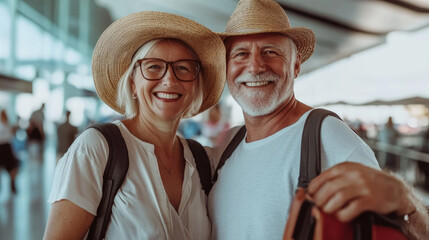Cheerful retired couple enjoying their traveling adventure at the airport with smiles