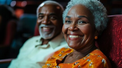 Cheerful African American couple enjoying a movie date night at the cinema together in their golden years