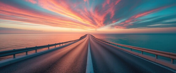 Obraz premium highway scene at vibrant sunset. Road perspective by the ocean. colorful coastal view with stunning roadway.