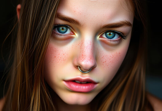 Hermosa joven adolescente pecosa con un piercing en la nariz y ojeras
