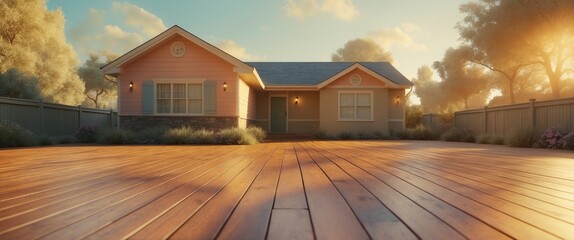 Home for sale, rent-to-own agreement, financial concept. A single-story model house on a wooden floor illustrating a buyer acquiring a residential property for personal use and investment purposes.