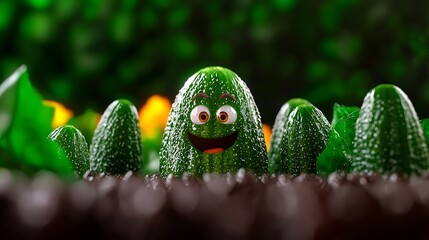 Playful animated cucumbers with smiling faces in a vibrant green garden setting