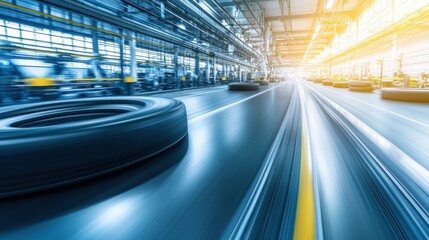 High-Speed Production Line of Rubber Tires in a Brightly Lit Manufacturing Facility with Motion Blur Effects