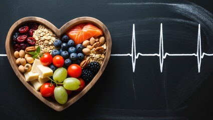 Healthy food in heart shape and cardiograph on blackboard medical abstract concept