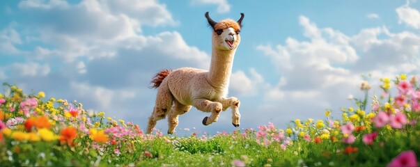 An adorable llama joyfully leaps through vibrant blooming wildflowers under blue skies