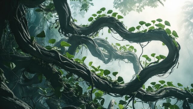 Isolated on a white background are huge, tangled jungle vines with leaves from a wild morning glory liana plant.