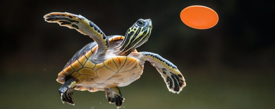 A turtle in mid air reaching for a flying disc toy