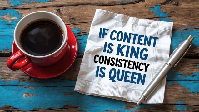 If content is king, consistency is queen - blogging and social media advice - handwritten note on a napkin beside a coffee cup