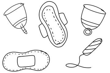 set of doodle minimal art drawing about feminine hygiene products,period cycle 