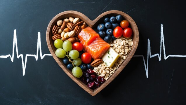 Healthy food arranged in a heart shape alongside a cardiograph on a blackboard medical abstract theme. - Powered by Adobe