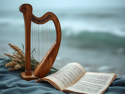 Celtic lap harp with music on seashore