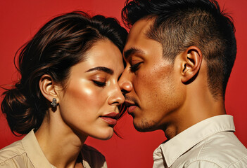 Romantic couple embracing intimately against red background