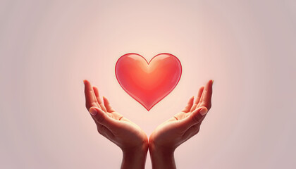 Hands cupping glowing red heart on light background