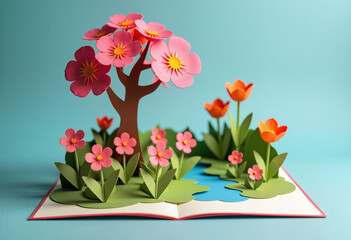 Colorful paper flowers pop-up book on blue background