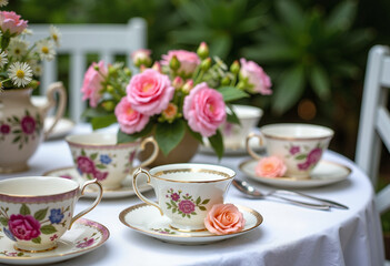 Fototapeta premium Elegant tea party with roses and floral teacups outdoors
