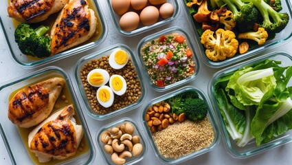 Healthy high protein meal preparation featuring cooked chicken breast, hard-boiled eggs, roasted vegetables, lentils, couscous salad, and assorted nuts.