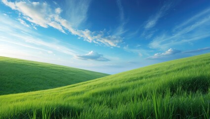 Fototapeta premium Sloping green meadows under a backdrop of blue sky and clouds.