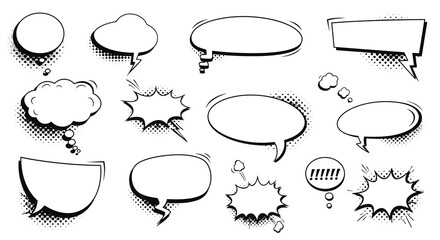 Fototapeta premium A retro set of empty comic speech bubbles with black halftone shadows, featuring vintage design and pop art style in a stock vector.