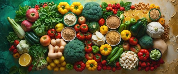 Grocery shopping idea. Balanced nutrition. Aerial view.