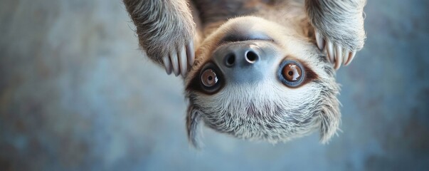 An adorable sloth hanging upside down showing its charming features