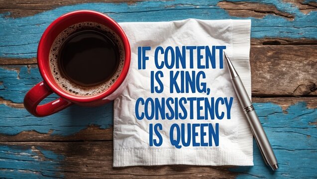 "If content is king, consistency is queen - blogging and social media advice - handwritten note on a napkin alongside a cup of coffee."