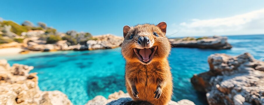 A happy quokka smiles widely with a bright turquoise ocean view