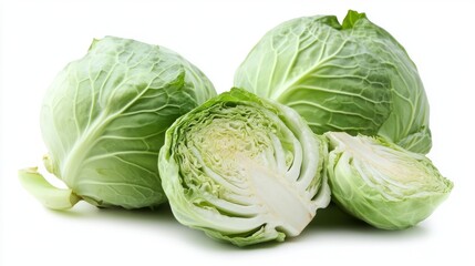 Obraz premium Whole and sliced cabbages isolated on white background, fresh green and purple cabbage heads with cross-section view, healthy organic vegetables for cooking, nutrition, and food design concepts