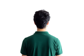 a wide rear view image of a man with dark hair and a green polo shirt, standing, on a white background