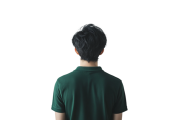 a wide rear view image of a man with dark hair and a green polo shirt, standing, on a white background