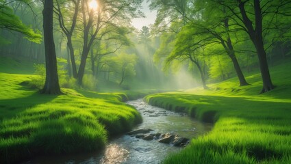 Obraz premium GREEN FOREST SCENERY IN THE SUNLIGHT WITH WATER FLOW, TREES, AND LUSH GRASS, SPRING ENVIRONMENT.