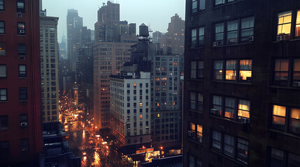 A photo that captures NYC's buildings in the rain or no rain, at dusk, night, wet, city views, tons of buildings, gritty, dark, dramatic, high-angle view, dense city, view from window, downtown, urban