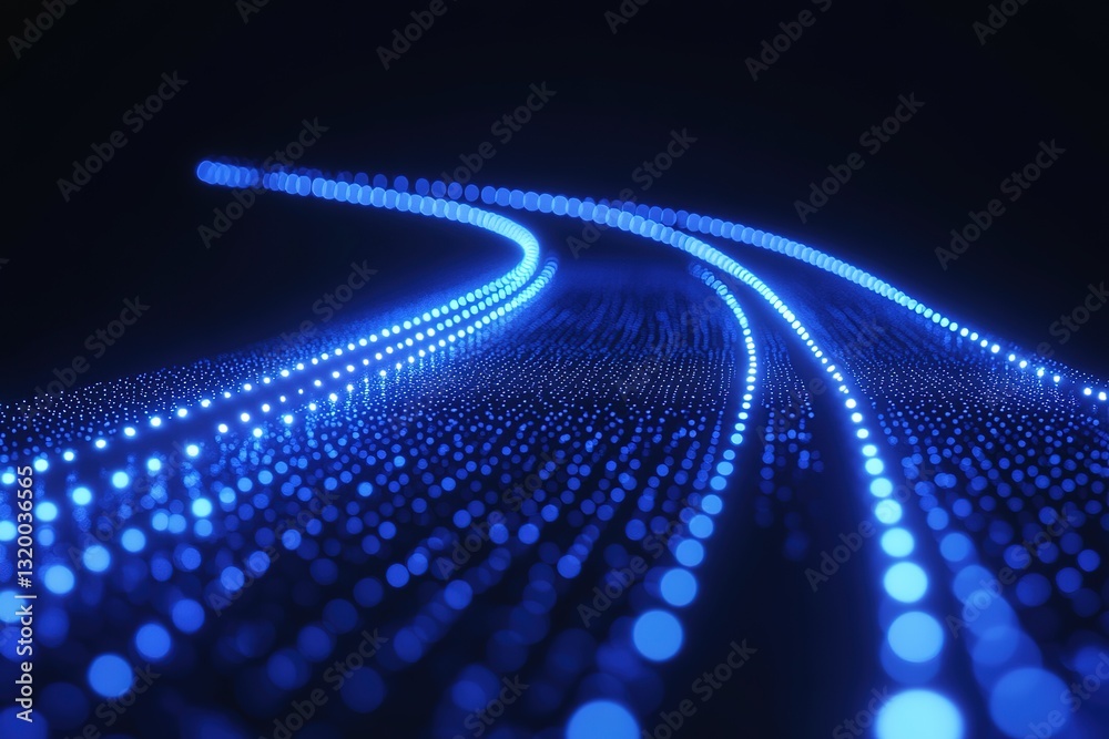 Poster luminous blue dots tracing paths in the dark creating futuristic light patterns