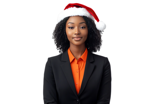 a young black woman manner wearing a santa hat wearing black business attire with an orange shirt inside her suit jacket isolated on white background