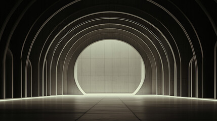 Futuristic arched tunnel with a glowing circular entrance, minimalistic modern architecture with soft ambient lighting