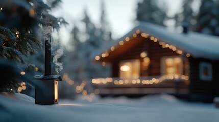 Naklejka premium A winter lodge with smoke coming from the chimney, cozy ambiance
