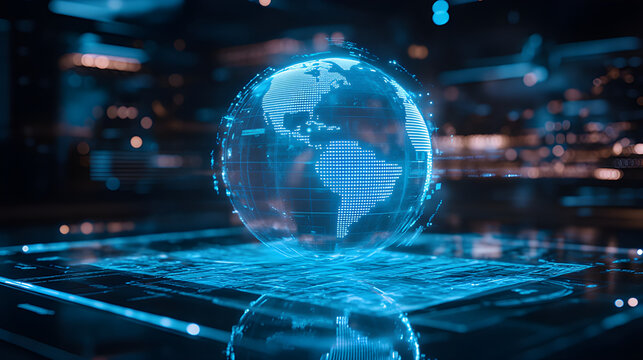 A tabletop projection of the globe in blue displays trajectories and buildings based on maps.