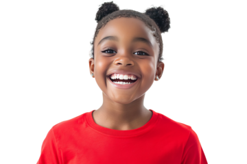 an excited black girl smiling in a red shirt isolated on white background