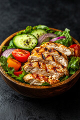 Fresh grilled chicken salad with lettuce, tomatoes, cucumbers, and red onions in a wooden bowl on a dark rustic background