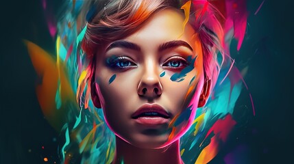Fototapeta premium Portrait of a woman's face surrounded by vibrant abstract multicolored paint strokes