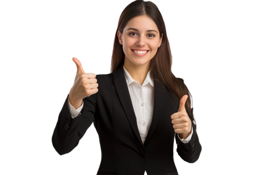 Business woman showing ok sign and thumbs up on transparent background