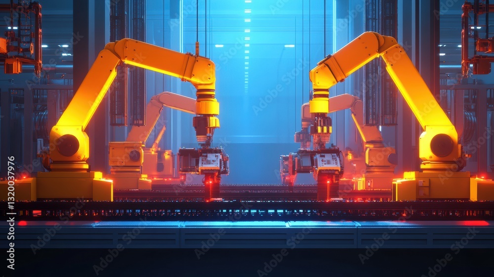Aufkleber automated factory showcasing robotic machines with ai control in a modern production environment