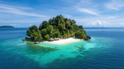 A tropical island with crystal-clear turquoise water and white sand beaches 