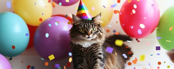 A happy brown cat celebrates a party with balloons and confetti
