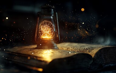 Glowing Lamp on Antique Book Mystical Fantasy Image