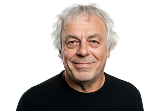 Close up portrait of a smiling senior man with gray hair, isolated on white background