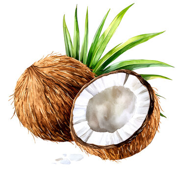 watercolor coconuts with green leaves clip art preview