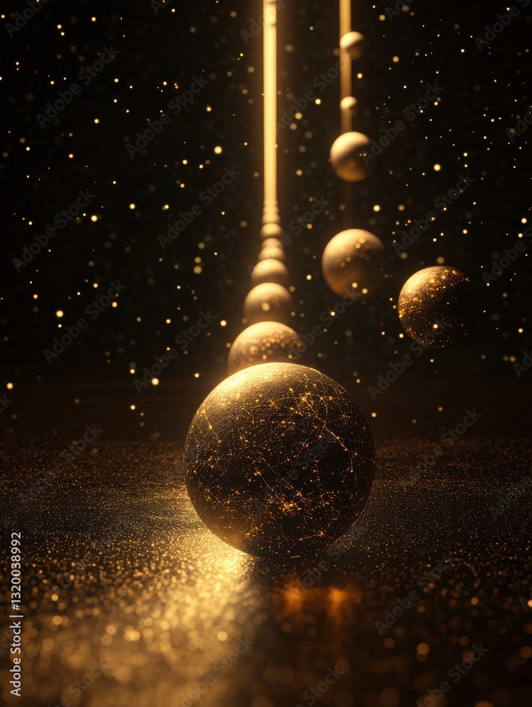 Poster Multiple spheres represent unique virtual worlds connected by light beams in a cosmic landscape with background space for text