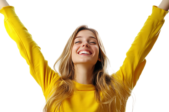 a happy model wearing yellow clothing against. isolated on transparent background